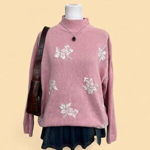 vintage 90s pink white beaded floral coquette cottagecore mock neck sweater